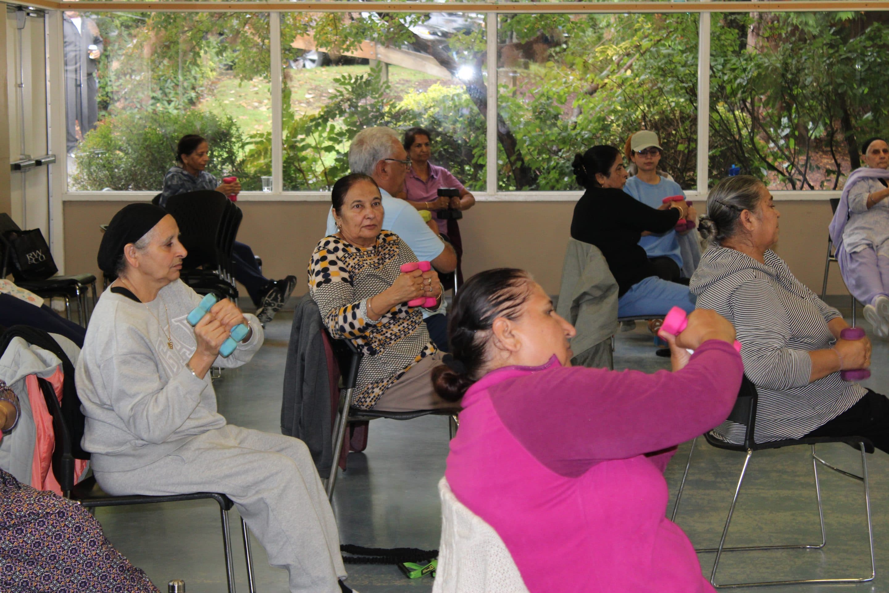 Several women in a chair-strength class, lifting small dumbbells with bright daylight behind.